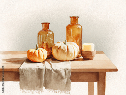 Wallpaper Mural Watercolor Painting of pumpkins, beige table runner, amber vases, and candles on a simple wooden dining table. Torontodigital.ca