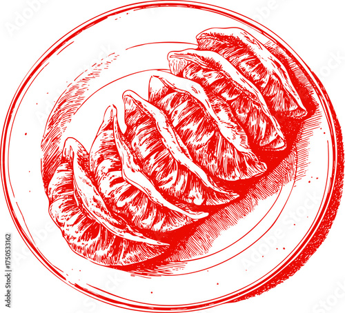 Detailed pen sketch of traditional Asian dumplings on a plate, hand drawn food illustration perfect for restaurant and culinary projects.