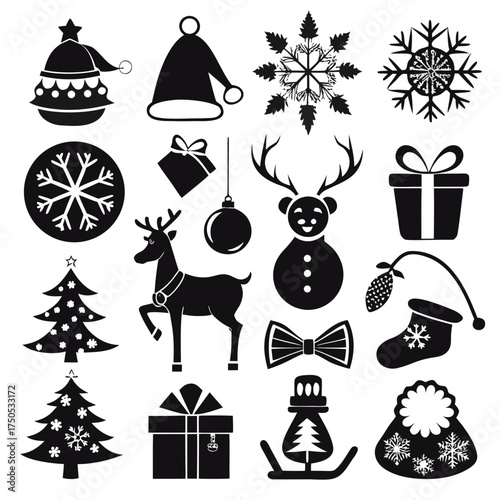 Collection of black christmas icons and symbols on white background