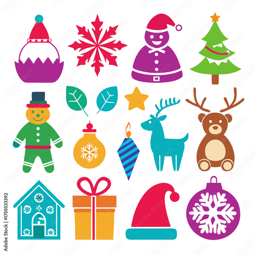 Fototapeta premium Collection of colorful flat christmas icons and symbols