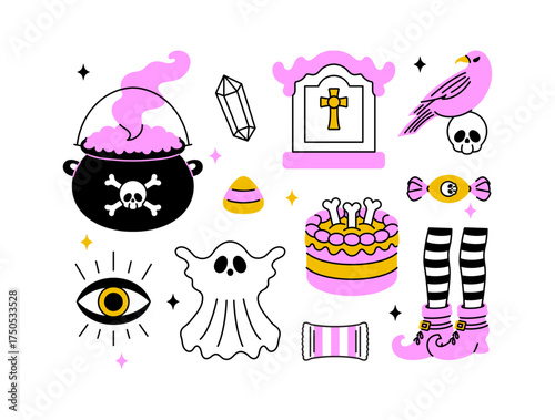 Playful Halloween Vector Illustration Set with Cute Spooky Element, Whimsical Modern Flat Design Collection of Crow, Crystal, Eye, Ghost, Witch Shoes, Cauldron, Candy Corn, Cake, Skull, and Tombstone 