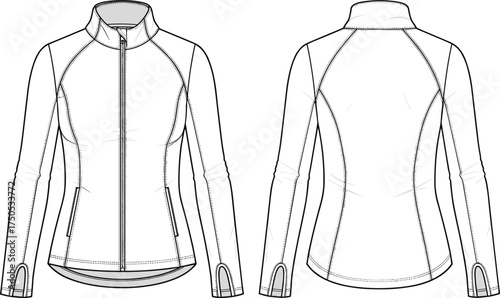 Women’s fitted jacket technical flat sketch, fashion design template, garment construction drawing, apparel illustration front and back view, activewear outerwear