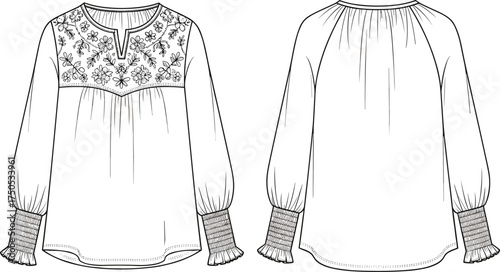 Women’s embroidered blouse technical fashion drawing, puff sleeve top garment design illustration, floral yoke detail, front back view apparel sketch