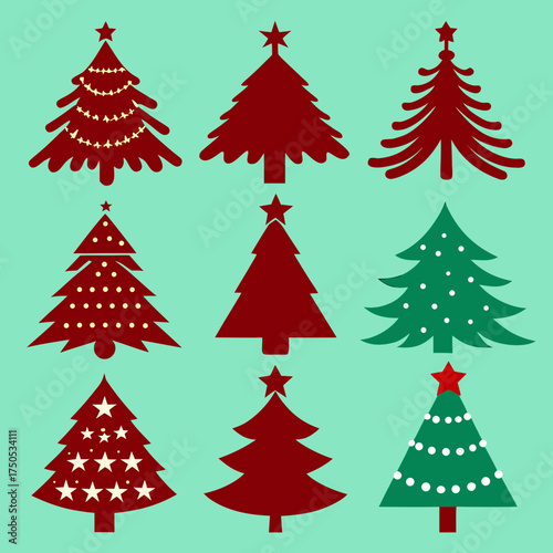 Collection of nine stylized christmas trees with stars and lights