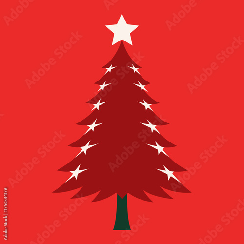 Stylized red christmas tree with white stars and a star topper on red background