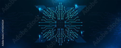 Abstract technology background with glowing blue circuit lines, digital AI data streams, and futuristic geometric shapes. Vector design for cyber security, software development, and advanced tech inno