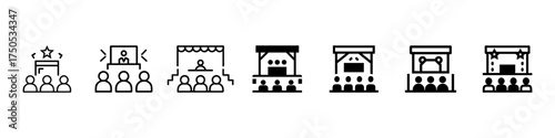 Set of audience, stage, event, presentation, seminar line icons for conferences, Public Speech, Audience, Stage, Award Ceremony Outline Vector Icons for Seminar, Leadership