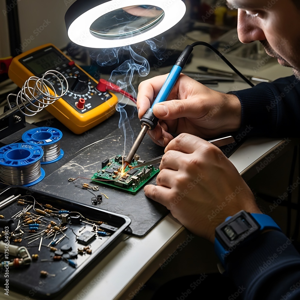 Obraz premium Electronics Repair - A Technician Soldering a Circuit Board Under Magnifying Light.