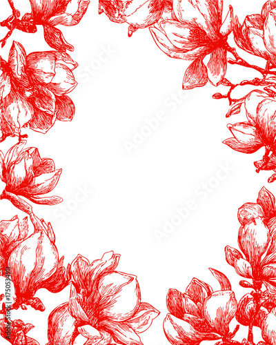 Red hand drawn magnolia flowers forming detailed frame. Elegant oriental floral line art illustration for decoration.