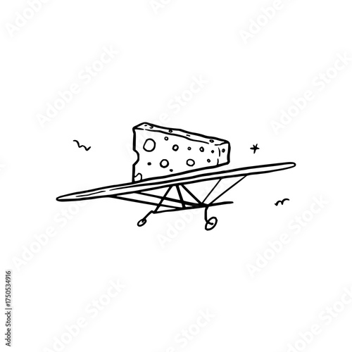Vector art of a piece of cheese is flying on a hang glider