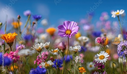 A vibrant field of wildflowers under a bright sky