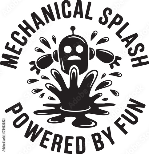 Black robot falling into a splash of liquid with text black and white