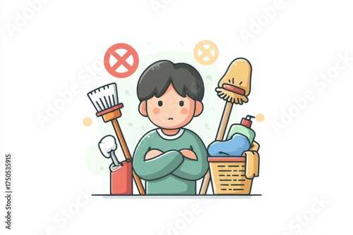 Smiling man with cleaning supplies and laundry basket on white background.