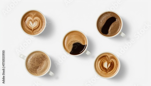 An overhead view showcases an assortment of coffee cups featuring diverse latte art and brewed coffee variations, elegantly presented against a pristine white background.