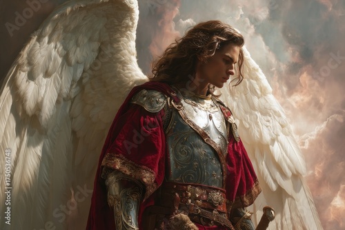 Majestic armored angel with wings and sword emerging through dramatic heavenly clouds.