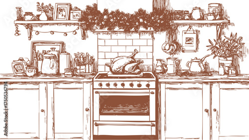 Pencil draw cozy kitchen interior with Christmas garland, roasted turkey on stove, and festive decorations in brown line art sketchy style.