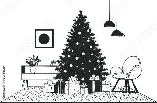 Modern minimalist Christmas tree with gifts in line art style. Vector clean interior sketch in black and white design.