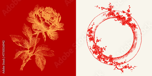 Elegant line drawing of peony flower and circular blossom branch frame in red and beige tones. Vector pencil traditional Chinese art.