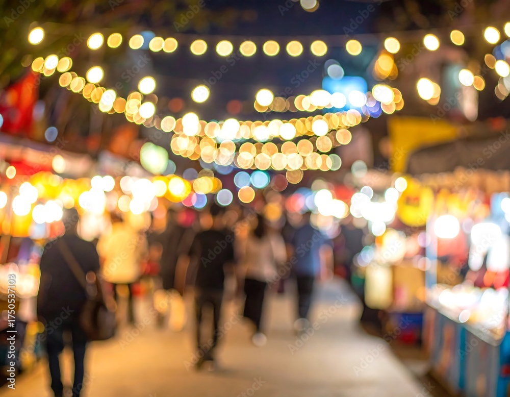 Fototapeta premium Night market scene with blurry lights and people