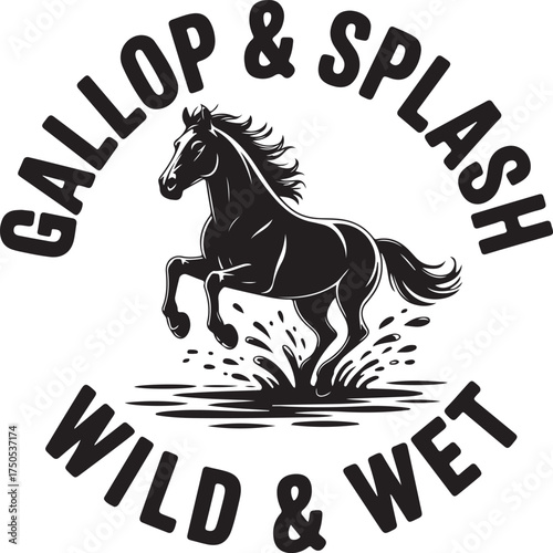 Black silhouette of a horse galloping through water with text splash wild