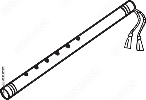 Traditional bamboo flute vector illustration in black and white with finger holes, tassels and decorative bands for music, culture and folk design themes