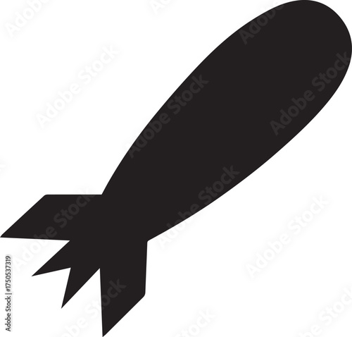 Aerial bomb silhouette vector illustration in black and white with tail fins and rounded nose for military, warfare and historical design themes