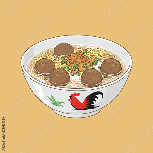 Indonesian Meatball Noodle Flat Illustration
