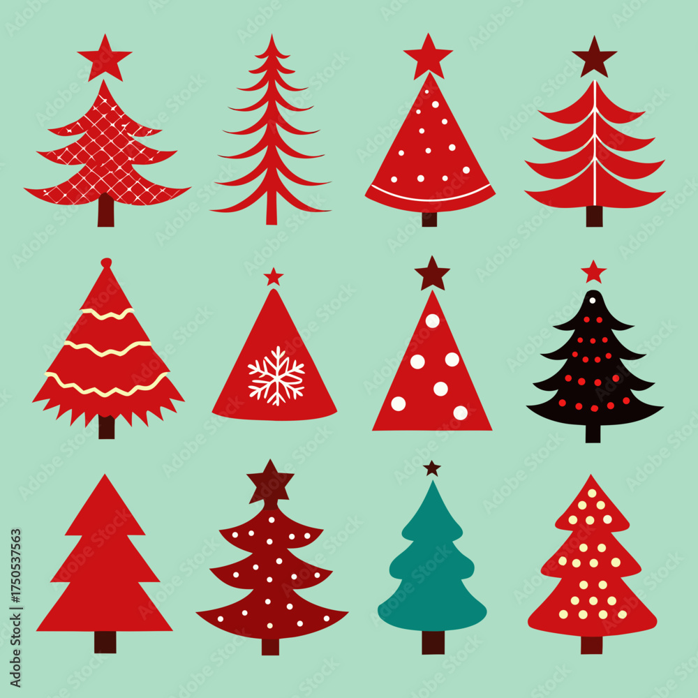 Obraz premium Vector art of collection of red christmas trees on a light green background, holiday season