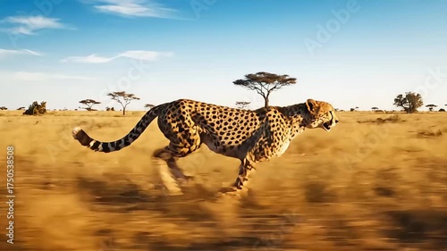 Majestic cheetah running with speed and grace across a sun-drenched savanna landscape.