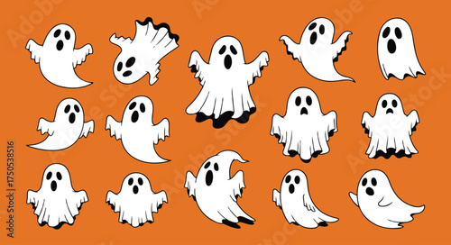 Cute Halloween ghost vector illustrations minimalist white ghost in various poses simple halloween sheet ghost vector set .eps