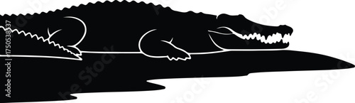 Vector silhouette alligator resting on riverbank illustration