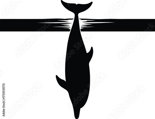 Vector silhouette dolphin dives into ocean water line illustration