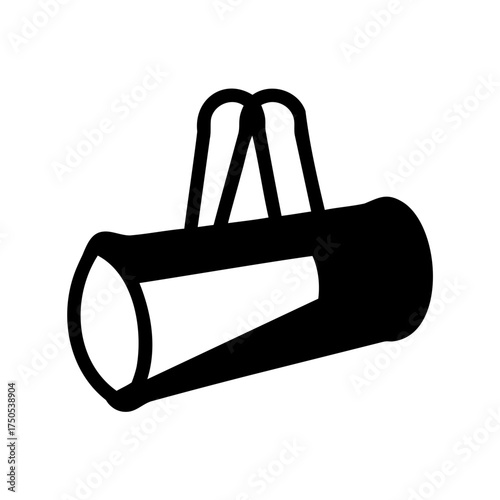 Simple black and white icon illustration of a cylindrical duffel bag