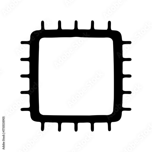 Stylized computer chip illustration with simple design in bold monochrome colors