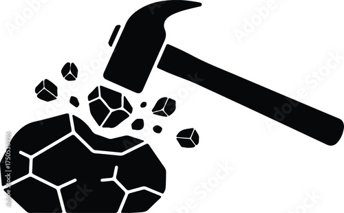 Vector silhouette hammer breaking rock black and white illustration