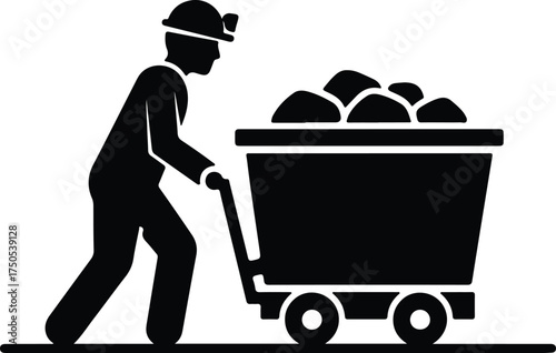 Vector silhouette of a coal miner pushing a minecart illustration