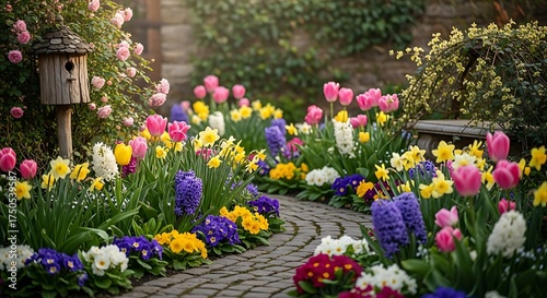 Wallpaper Mural Spring Garden Path with Birdhouse and Colorful Flowers. Torontodigital.ca