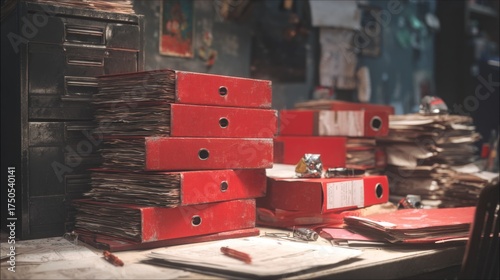 Old office desk with red file folders and stacks of vintage documents