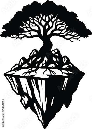 Vector silhouette tree on floating island illustration