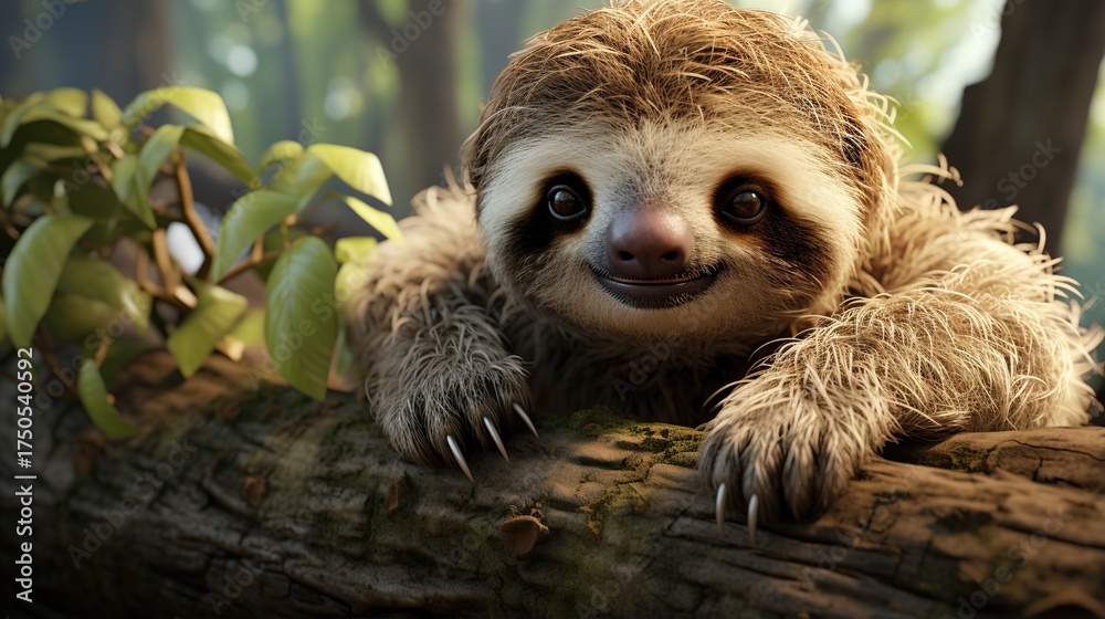 Fototapeta premium Adorable Baby Sloth with a Big Smile Hanging on a Tree Branch in a Lush Forest