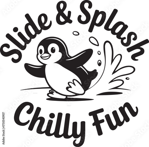 Cute cartoon penguin splashing water with text Slide