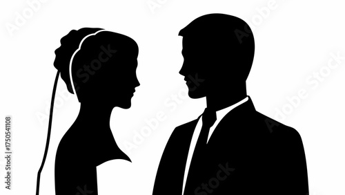 Elegant bride and groom silhouetted facing each other symbolizing love and commitment on wedding day