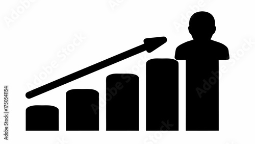 Dynamic upward trending bar graph with silhouette person symbolizing success and growth in business