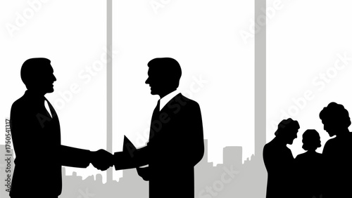 Confident businessmen shaking hands in modern office, sealing deal, building partnership, team collaborating nearby