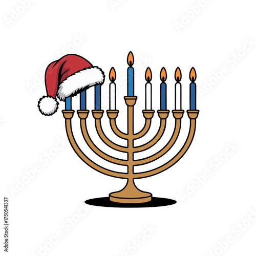 Hanukkah menorah with a santa hat, celebrating the holiday season and christmas spirit