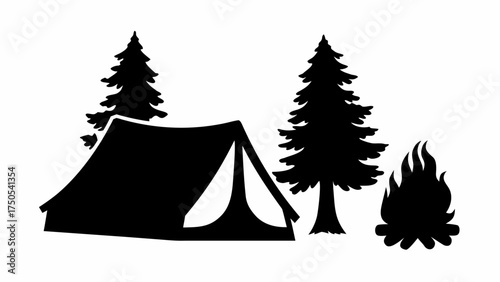 Cozy campsite scene with tent and campfire nestled among pine trees, perfect for outdoor adventures