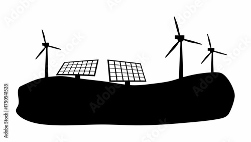 Modern renewable energy farm featuring wind turbines and solar panels on a hill for sustainable power generation