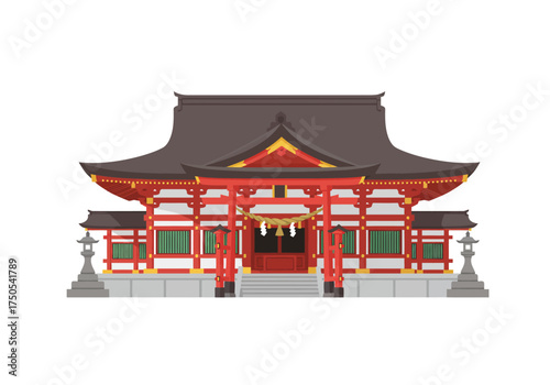 Traditional Japanese Shinto Shrine with Red Torii Gate and Stone Lanterns