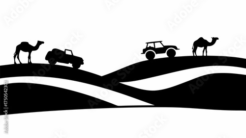 Desert adventure with camels and off-road vehicle navigating dunes under a bright sky, travel concept