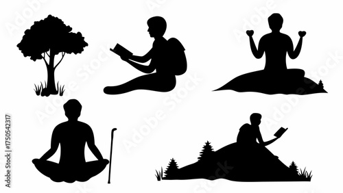 Meditating figure, reader, and nature silhouettes evoke peace, relaxation, and contemplation for wellness